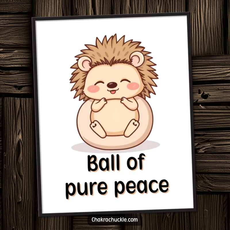 Funny digital art print of a happy hedgehog meditating, curled into a ball, capturing a moment of serene, humorous stillness.