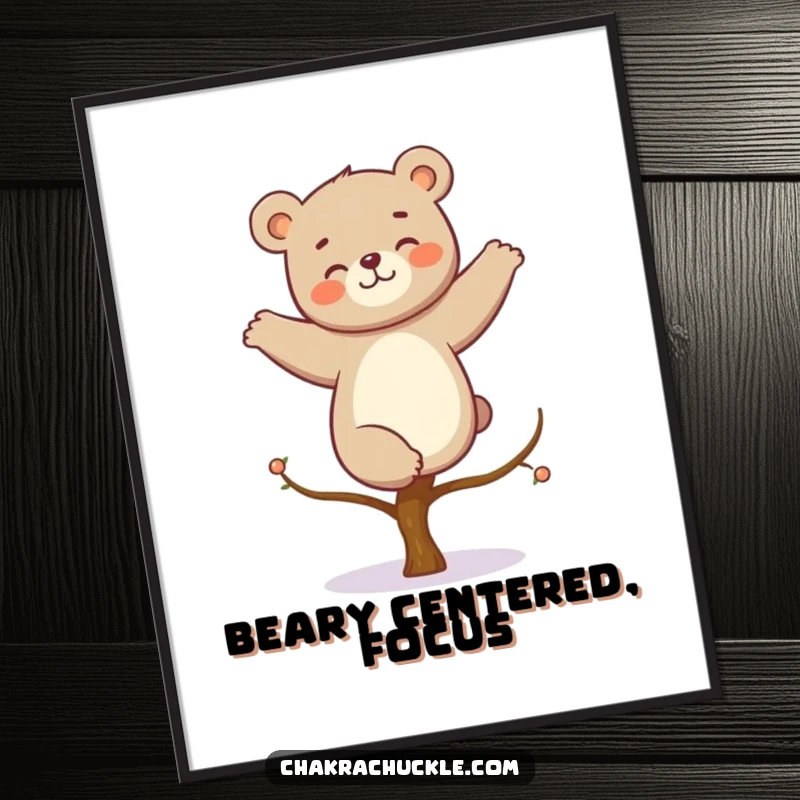 Funny kawaii bear yoga digital art print, a giggling bear balancing perfectly in a tree pose, adding humor and charm.