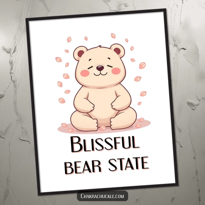 Funny bear digital art print, character meditating, petals falling around head, high-resolution, printable.