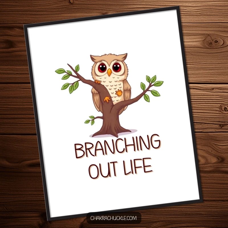 Funny owl yoga digital art print of a curious owl wobbling in tree pose, offering a comical yet graceful visual.