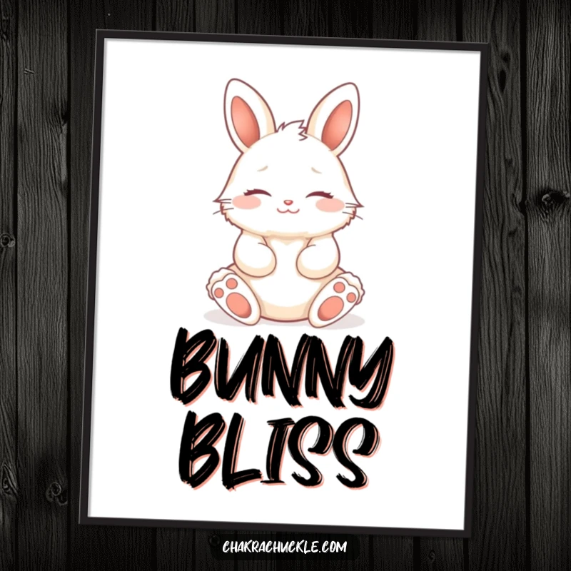 Funny fluffy bunny in a seated lotus pose, eyes closed, smiling peacefully, a high-resolution digital art print.
