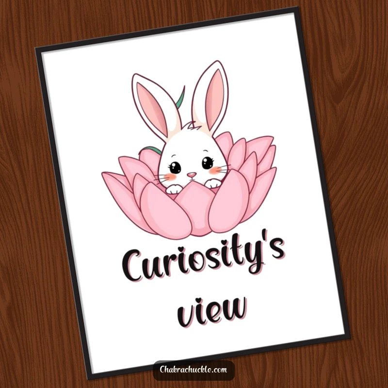 Funny digital art print featuring a curious rabbit peeking from a beautiful lotus flower, perfect for whimsical home decor.