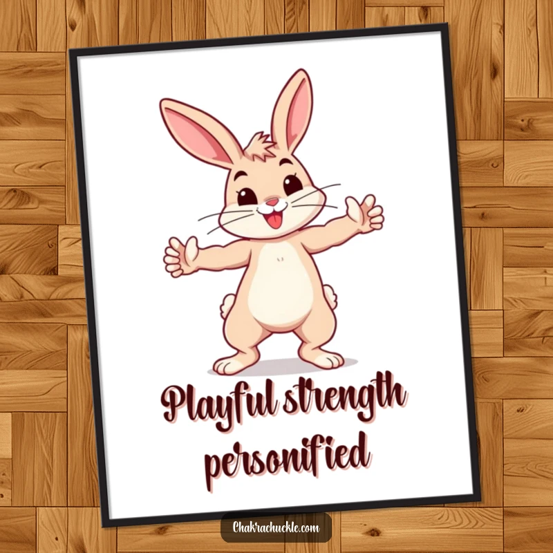 Funny bouncing bunny practicing a playful warrior pose, arms outstretched, as a downloadable digital art print.