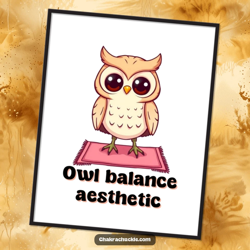 Funny curious owl digital art print of a character balancing on a tiny yoga mat, eyes wide open, instant calm.