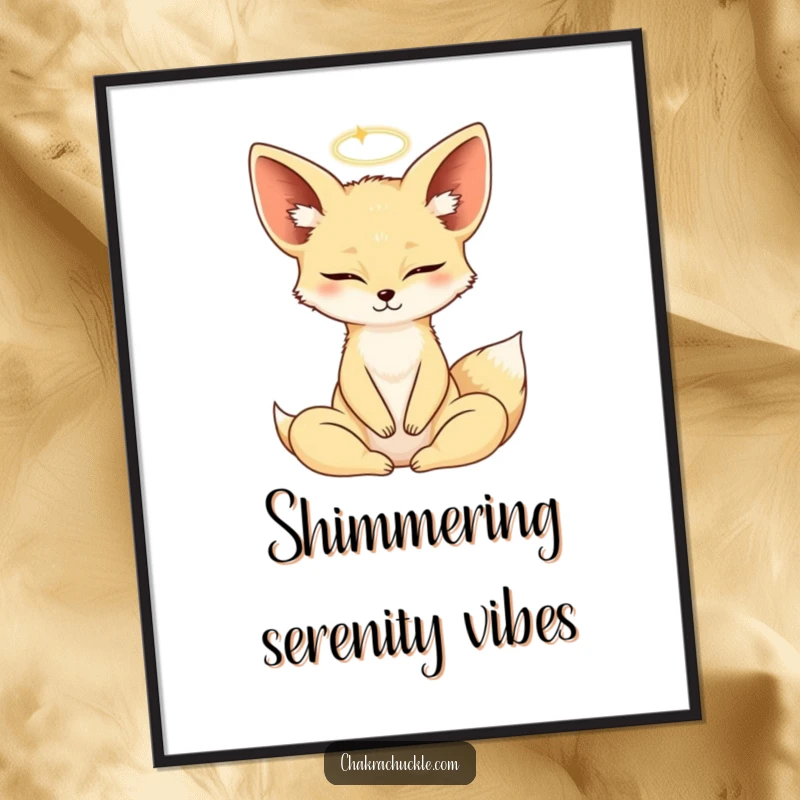 Funny Fennec Fox in a yoga lotus pose, eyes closed, halo shimmering, as a downloadable digital art print.