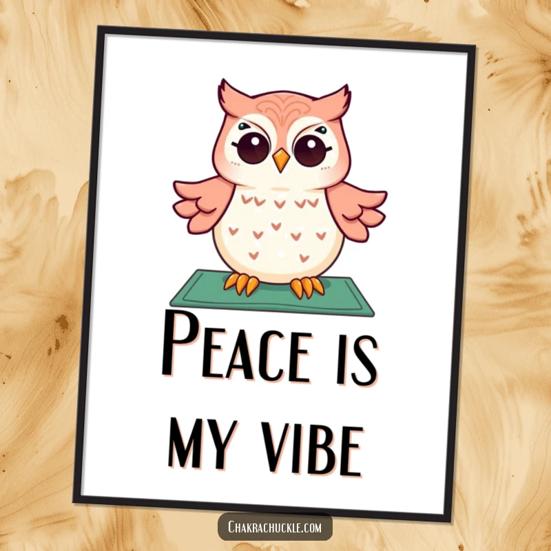 Funny digital art print of a giggling owl meditating serenely above a yoga mat, eyes twinkling, ready to bring joy.