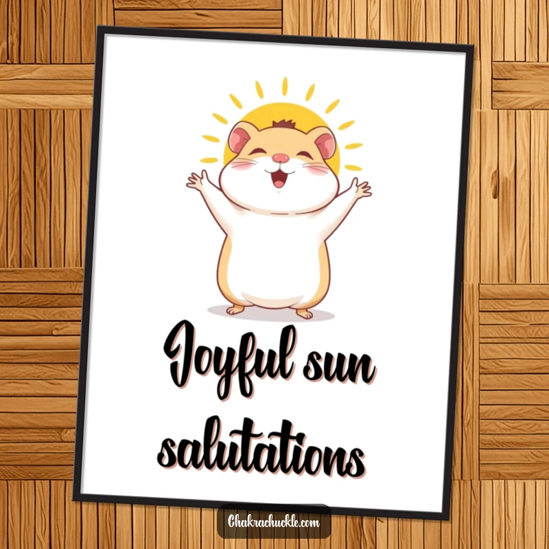 Funny Hamster Digital Art: A giggly hamster joyfully performs a sun salutation, arms waving with boundless, cheerful energy and a bright smile.