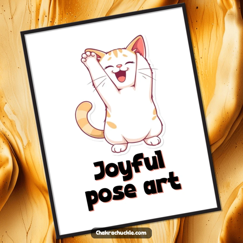 Funny joyful cat digital art print of a character stretching its back in a playful arch pose, instant feline humor.