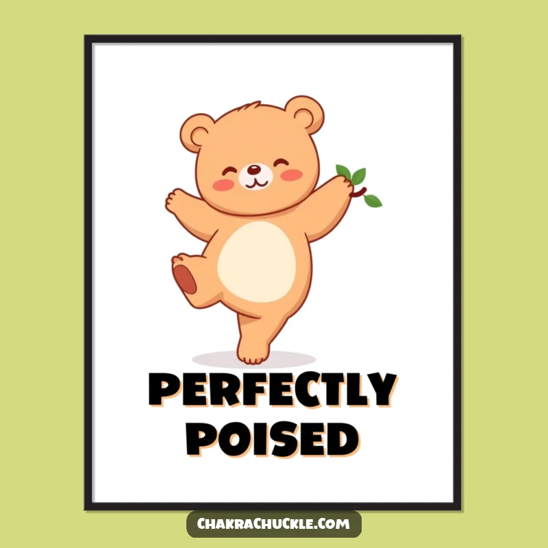 Funny Kawaii Bear Yoga Digital Art Print: Hilarious Tree Pose Wall Art Gift