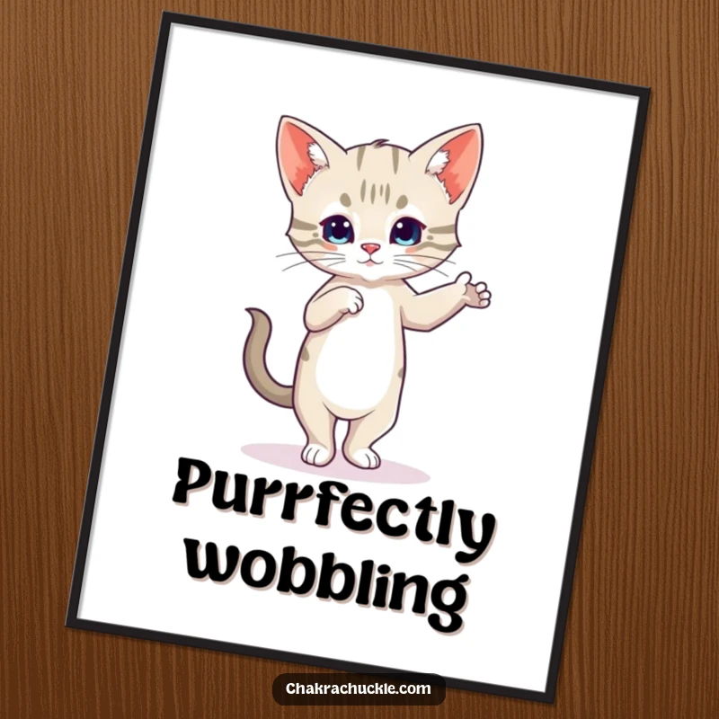 Funny Kitten Yoga Digital Art Print of a wobbly cat in Tree Pose, ready for download.