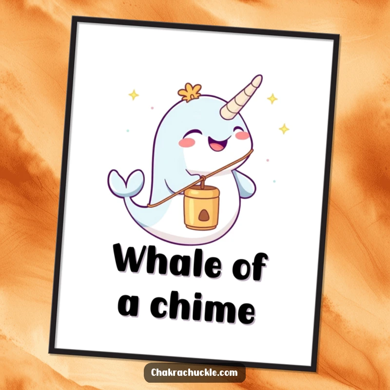 Funny narwhal digital art print joyfully blowing a meditation chime, for humorous and peaceful decor.