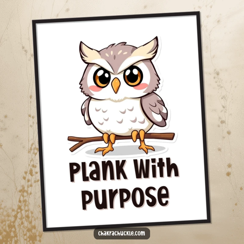 Funny Owl Plank Digital Art Print: A happy, determined owl striking a plank pose, perfect for humorous digital decor.