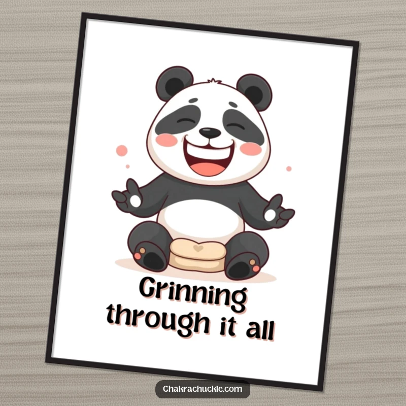 Funny Panda juggling meditation cushions with a wide, silly grin as a downloadable digital art print.