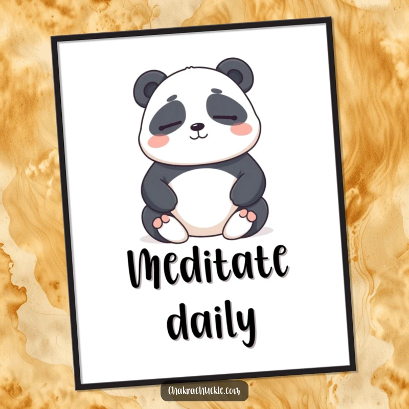 Funny digital art print of a chubby panda meditating with eyes closed and a gentle smile, offering instant serene humor.