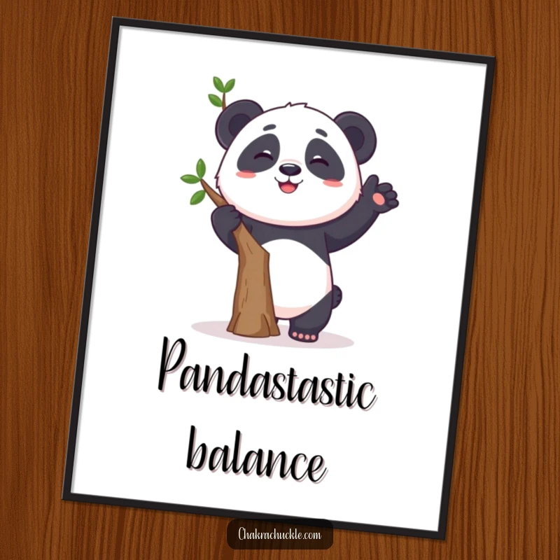 Funny digital art print of a curious panda humorously attempting a tree pose, wobbling with a grin, vibrant and amusing.