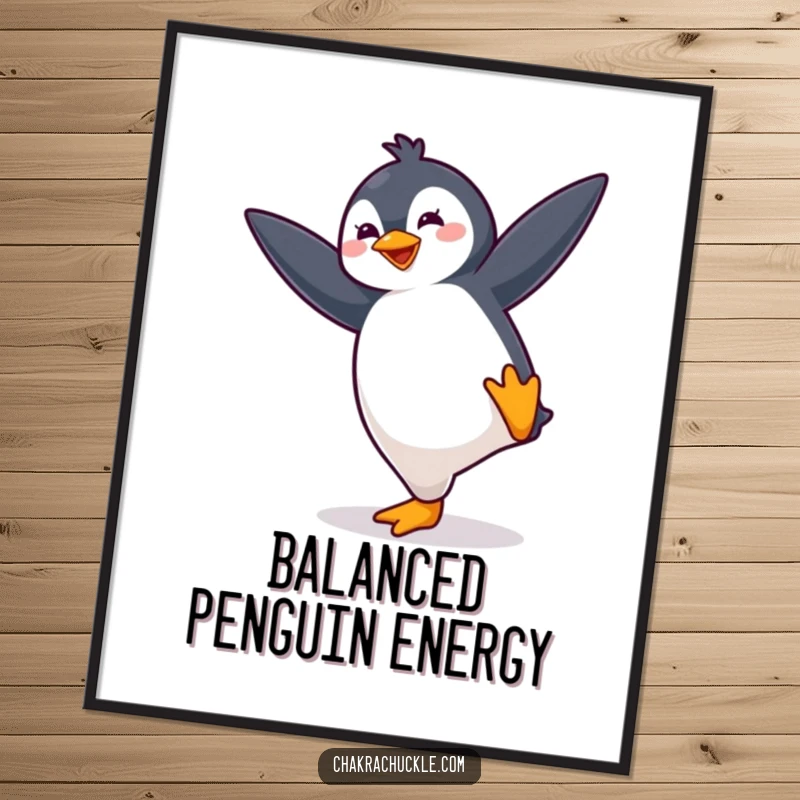 Funny kawaii penguin digital art print of a cute, bouncing penguin energetically striking a yoga balance pose, full of life.