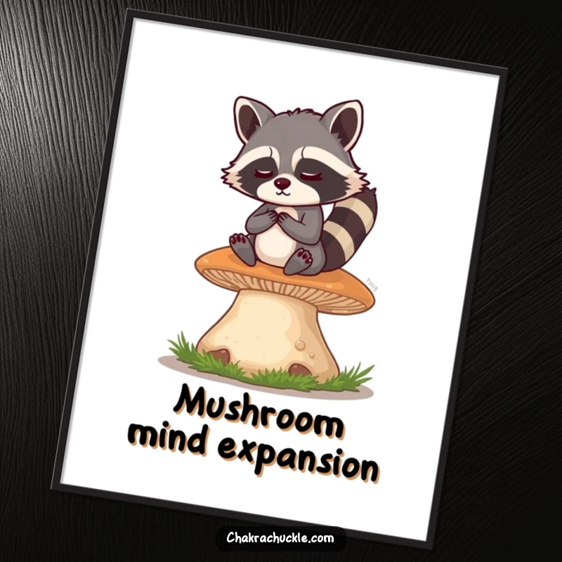 Funny Raccoon Digital Art: A mischievous raccoon meditates serenely on a giant mushroom, eyes twinkling with playful wisdom and a hint of mischief.