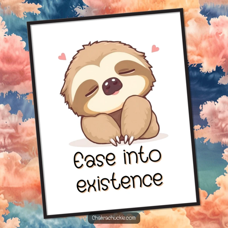 Funny Digital Art Print of a sleepy sloth doing a gentle neck roll with a contented sigh, bringing humorous relaxation to your space.