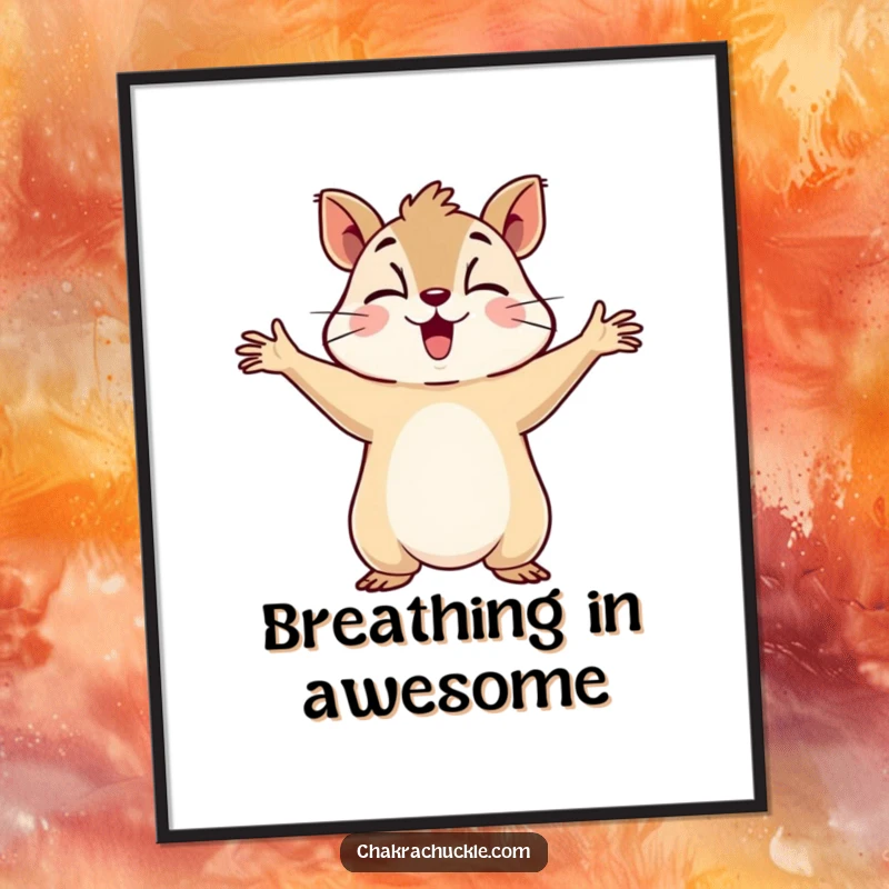 Funny digital art print of a determined squirrel holding arms out, breathing deeply, capturing a moment of humorous serenity.