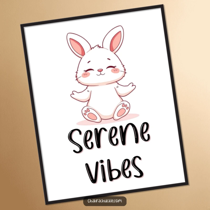 Funny printable digital art of a fluffy bunny in a serene yoga pose, eyes closed with a gentle smile.