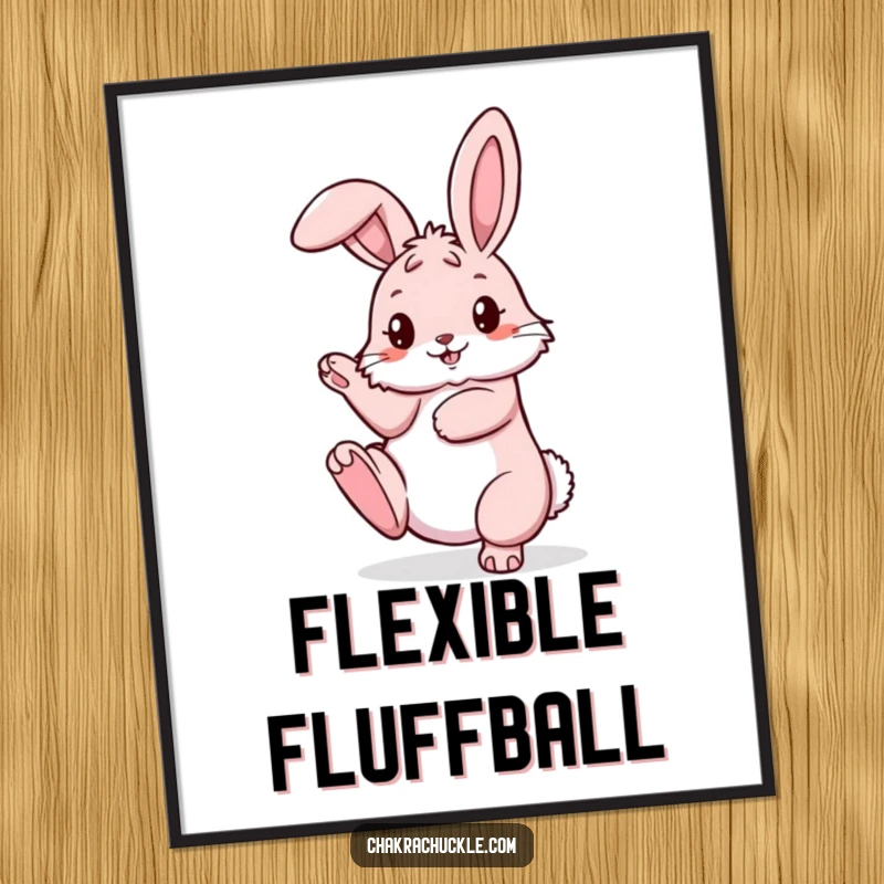 Funny pink bunny digital art print, pretzel pose active, one leg high, bringing flexible fun and art.