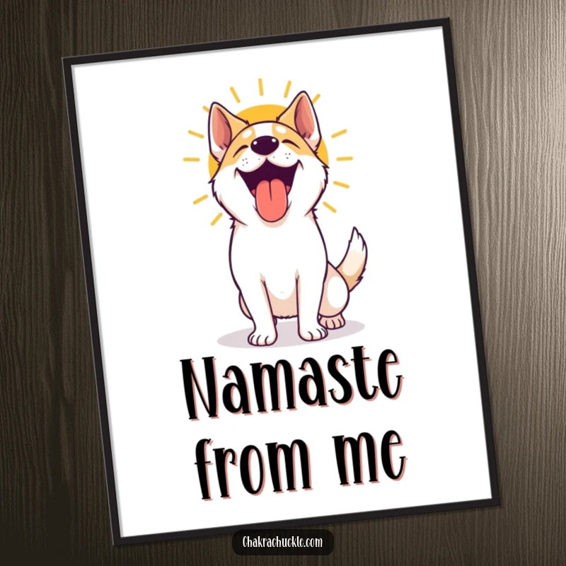 Funny yoga dog digital art print of a happy, panting dog post-sun salutation, radiating infectious joy and humor.