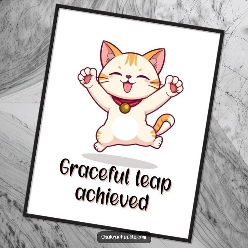 Funny Jumping Cat Digital Art Print of a cat in an energetic warrior pose with paws high, bringing downloadable fun and humor.
