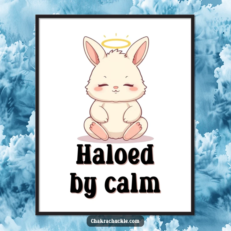 Funny digital art print of a fluffy bunny in a serene lotus pose, eyes closed, with a small halo, radiating tranquility.