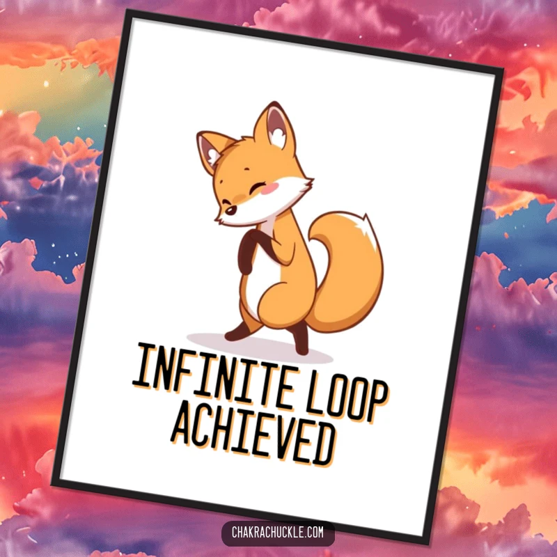 Funny fox digital art print featuring a curious fox dynamically captured in a pretzel yoga pose, radiating playful energy.