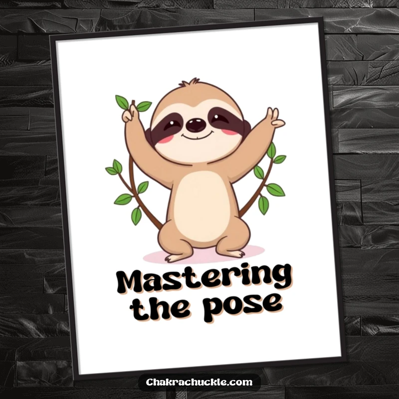 Funny sloth digital art print, character in tree pose, determined concentration, high-resolution, printable.