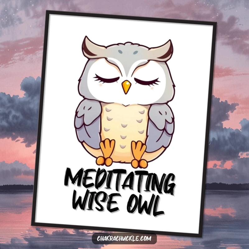 Funny kawaii owl digital art print of a cute, contented owl meditating serenely with eyes closed, bringing peaceful humor.