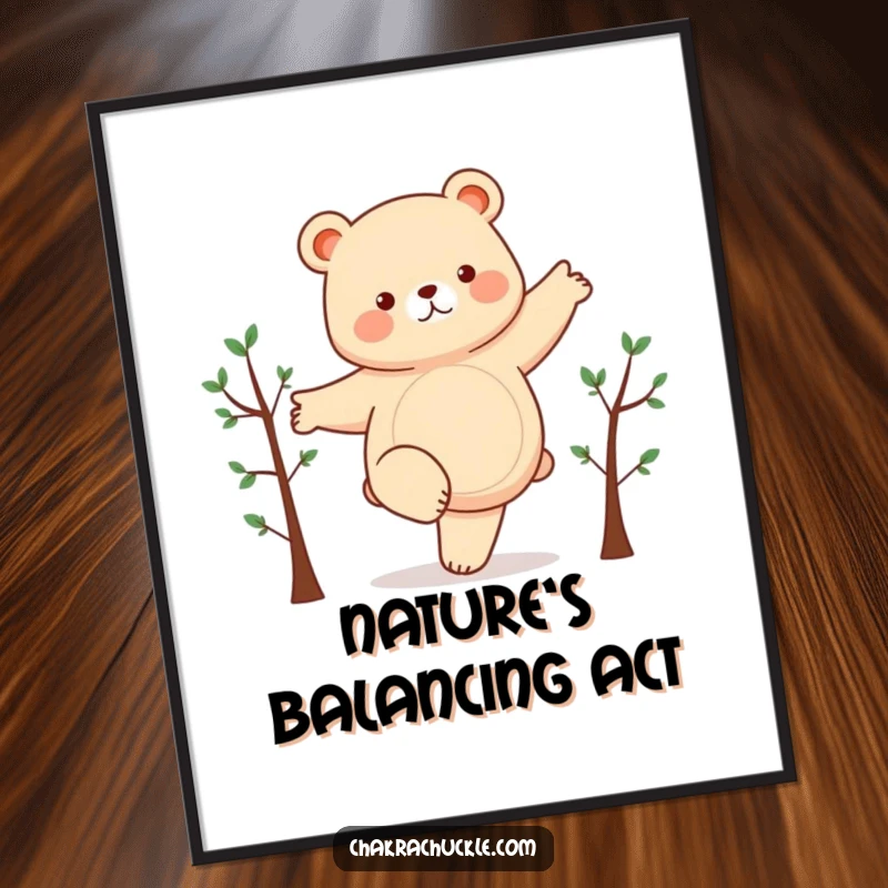 Funny digital art print of a chubby bear humorously balancing on one leg, arms outstretched like branches, vibrant and amusing.