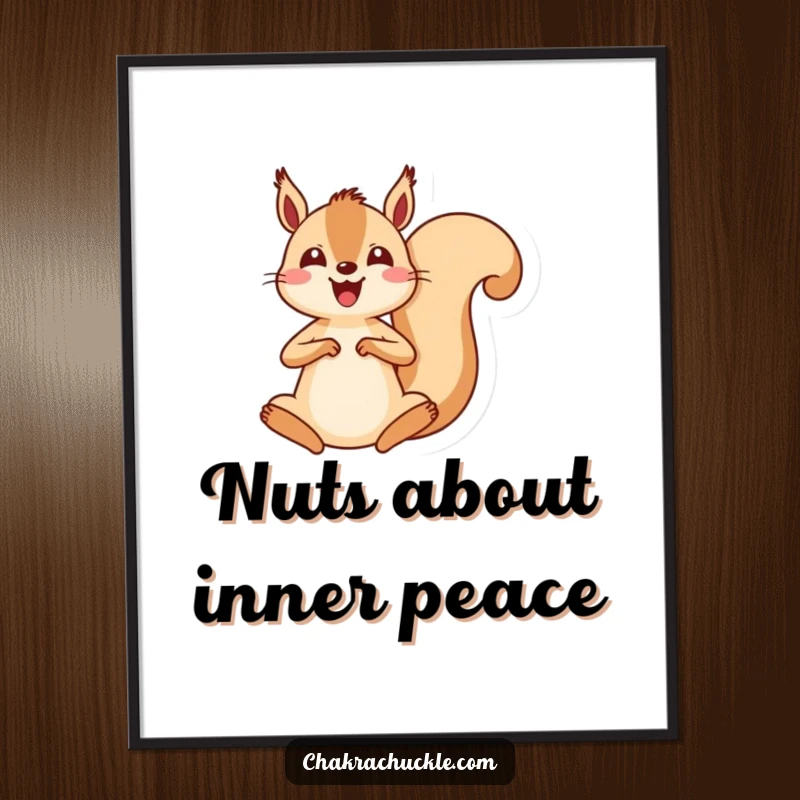 Funny kawaii squirrel meditation digital art print, an energetic squirrel jumping into a seated pose, adding humor and calm.