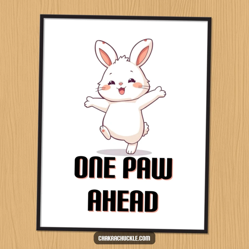 Funny Rabbit Balance Digital Art Print: Fluffy rabbit character balancing on one paw, ready for instant download.