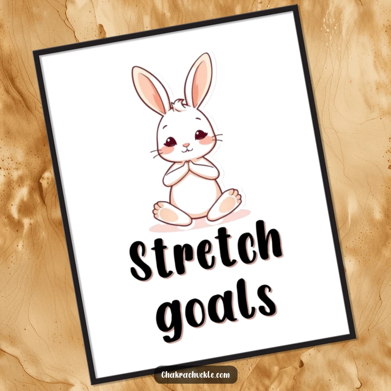 Funny digital art print of a cute bunny in a seated yoga pose with one leg extended, offering instant serene automotive humor.