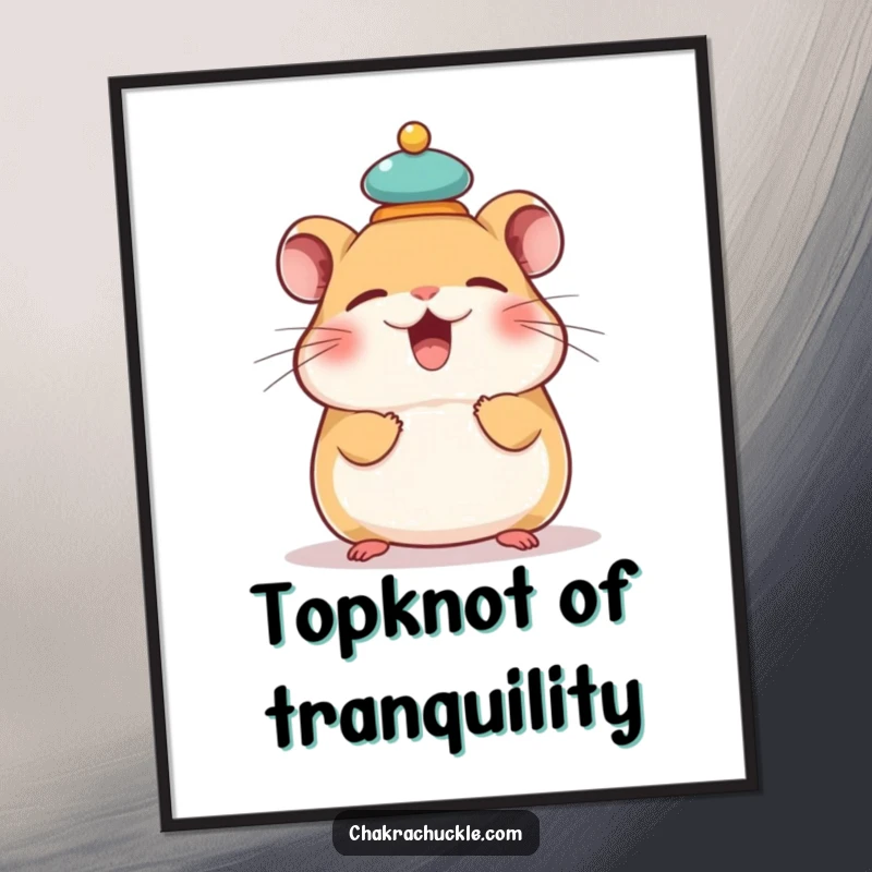 Funny digital art print of a giggling hamster balancing a tiny meditation cushion on its head, capturing a moment of humorous equilibrium.