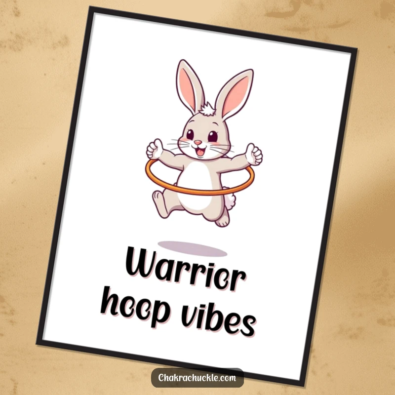 Funny digital art print of an energetic bouncy bunny performing a warrior pose while jumping through a hula hoop with joy.