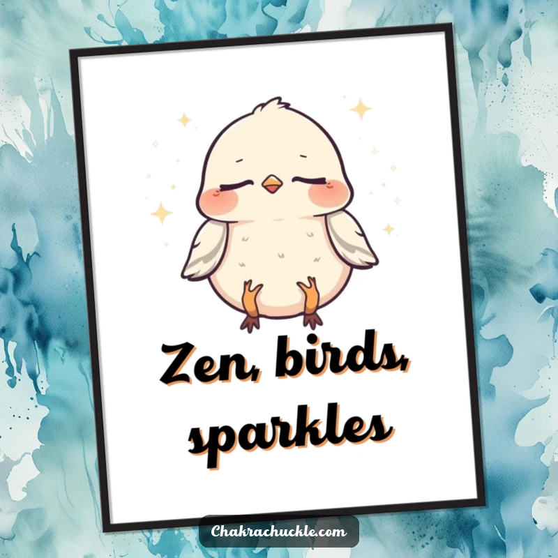Funny Sparrow Zen Digital Art Print: A chirpy sparrow meditating, radiating humorous peace and tiny sparkles for virtual spaces.