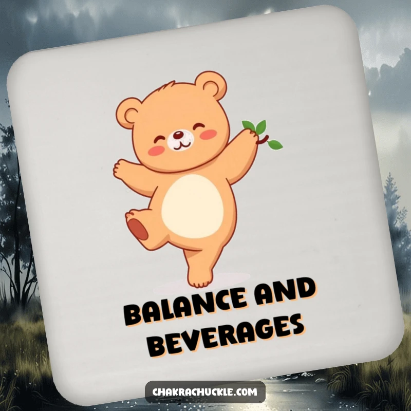 Funny Kawaii Bear Yoga Drink Coasters, a cute giggling bear doing a tree pose, perfect for table protection and as a humorous gift.