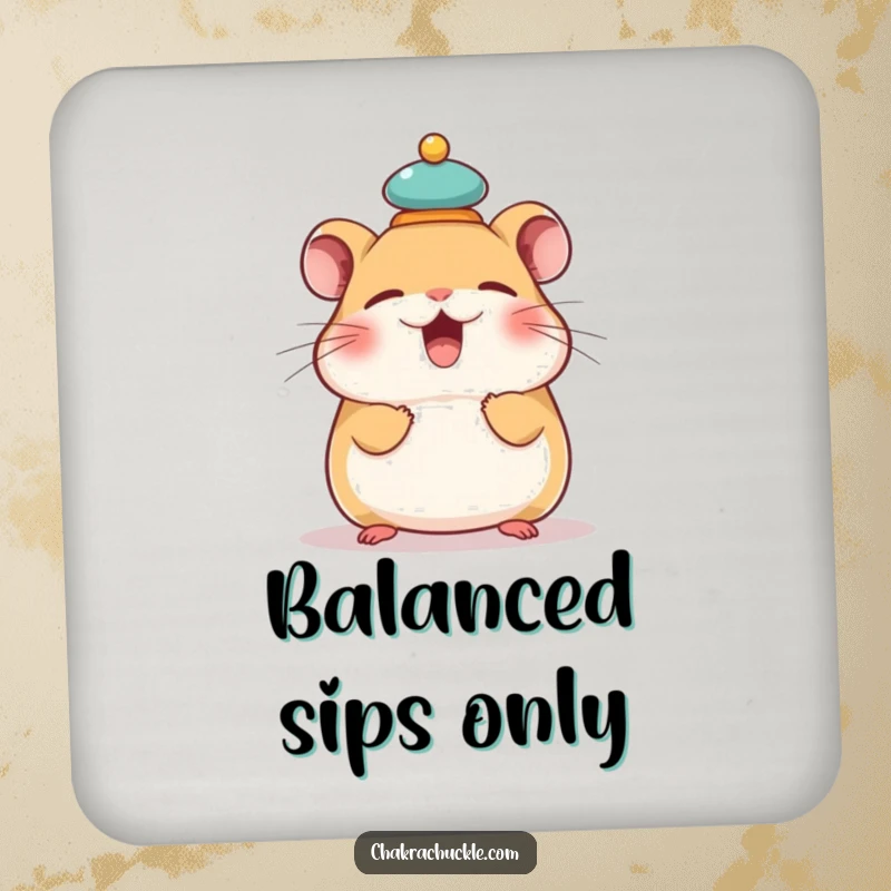 Funny drink coasters featuring a giggling hamster balancing a tiny meditation cushion on its head, bringing humorous stability to any surface.