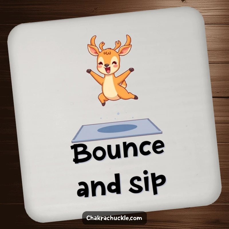 Funny kawaii deer yoga coaster shows a delighted deer leaping over a yoga mat with joyful abandon, protecting surfaces.