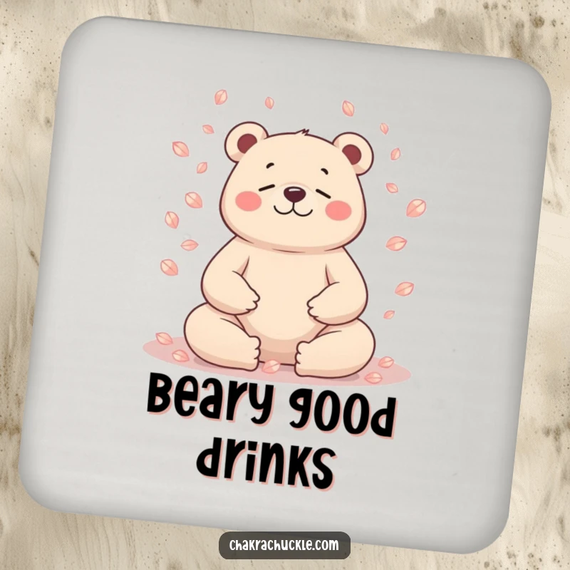 Funny bear drink coaster, character meditating, petals falling, serene humor, home accessory.