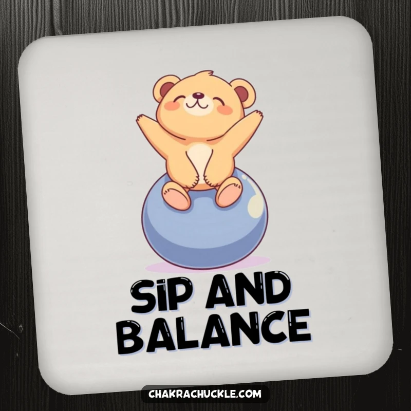 Funny tiny bear cub coaster with a cub blissfully balancing on a yoga ball, looking peacefully upwards.