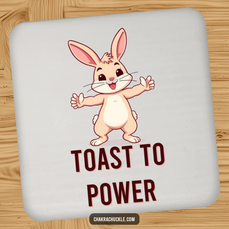 Funny bouncing bunny practicing a playful warrior pose, arms outstretched, on a protective drink coaster.