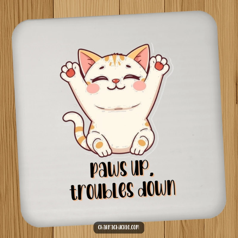 Funny Cat Yoga Coaster: A smiling cat stretches its front paws upwards peacefully, offering protection with feline charm.