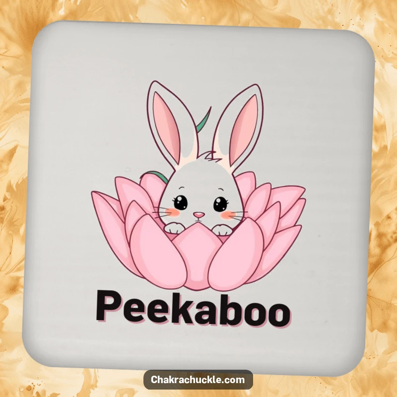 Funny drink coasters with a curious rabbit peeking from a lotus flower, protecting surfaces with whimsical art.