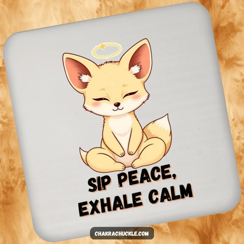 Funny Fennec Fox in a yoga lotus pose, eyes closed, halo, featured on a protective drink coaster.