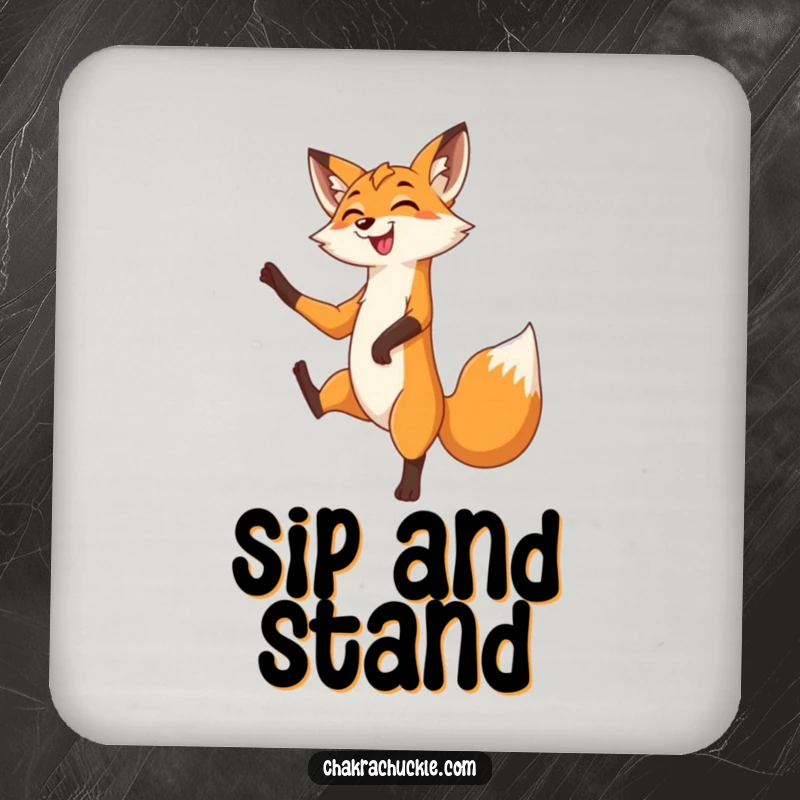Funny Fox Coaster: A grinning fox gracefully balances in a tree pose, one leg lifted with playful poise and a sly smile.