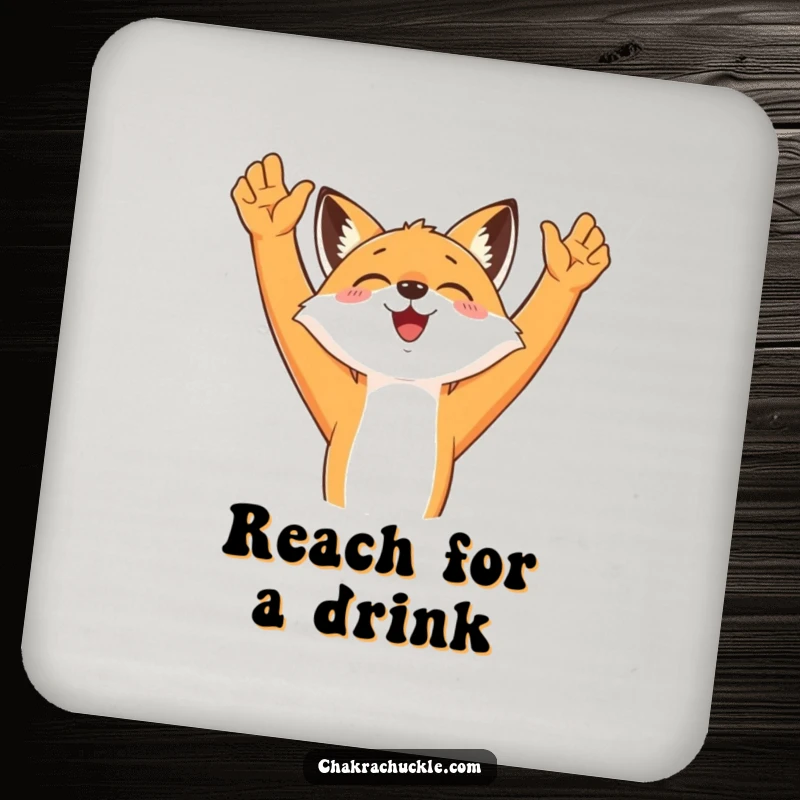 Funny Fox Yoga Coaster featuring a happy fox stretching its arms, protecting surfaces with a smile and humor.