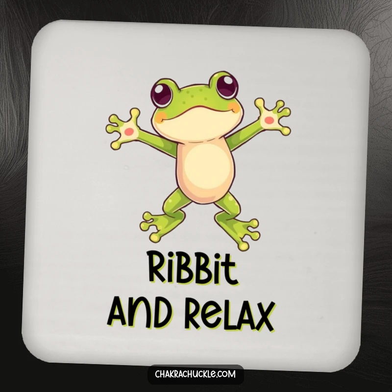 Funny drink coaster featuring a frog in a balanced leap, arms open, adding dynamic energy and humor to your space.